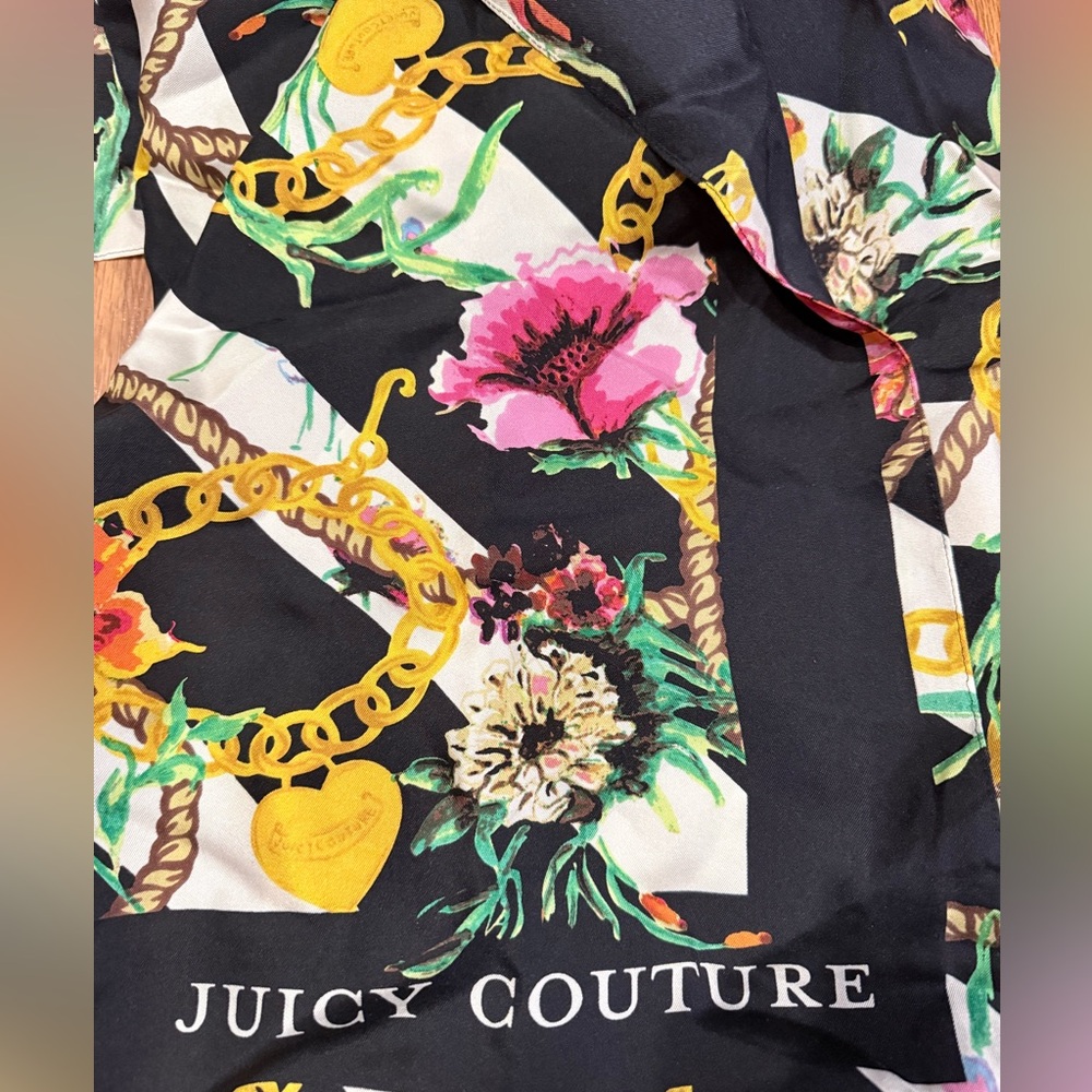 Juicy Couture Black Floral Scarf with Gold Accents